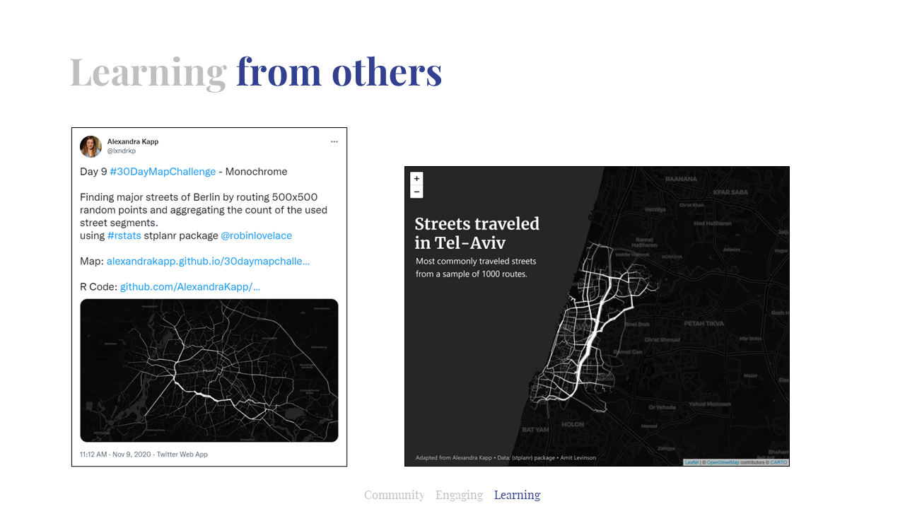 Slides with two similar graphs on theme. On the right is a map of Berlin with routes most frequently travelled on by Alexandra. On the right is my attempt at reproducing it with data regarding Tel-Aviv.