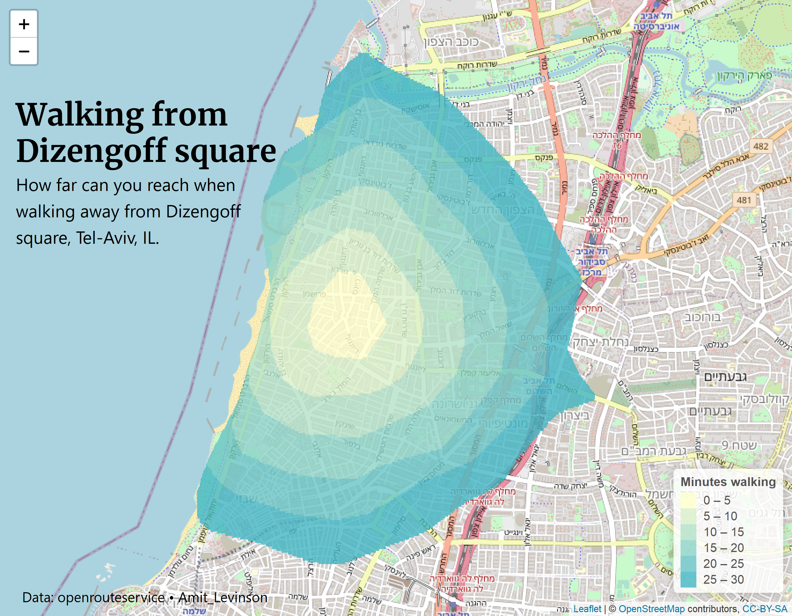 plot of time it takes to walk from dizengof square to different places.