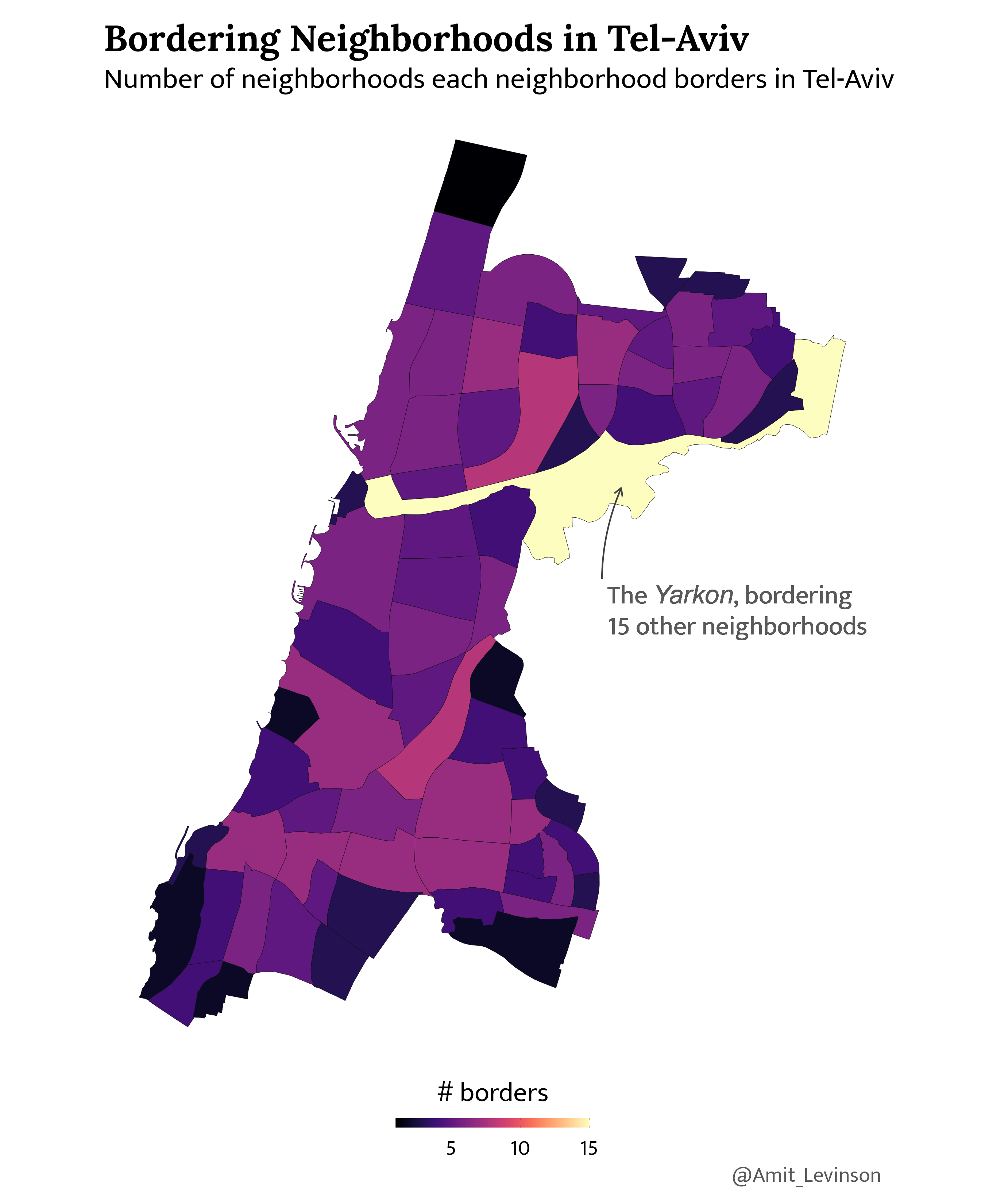 Map of Tel-Aviv neighborhoods with the one bordering the most neighborhood higlighted (The Yarkon)