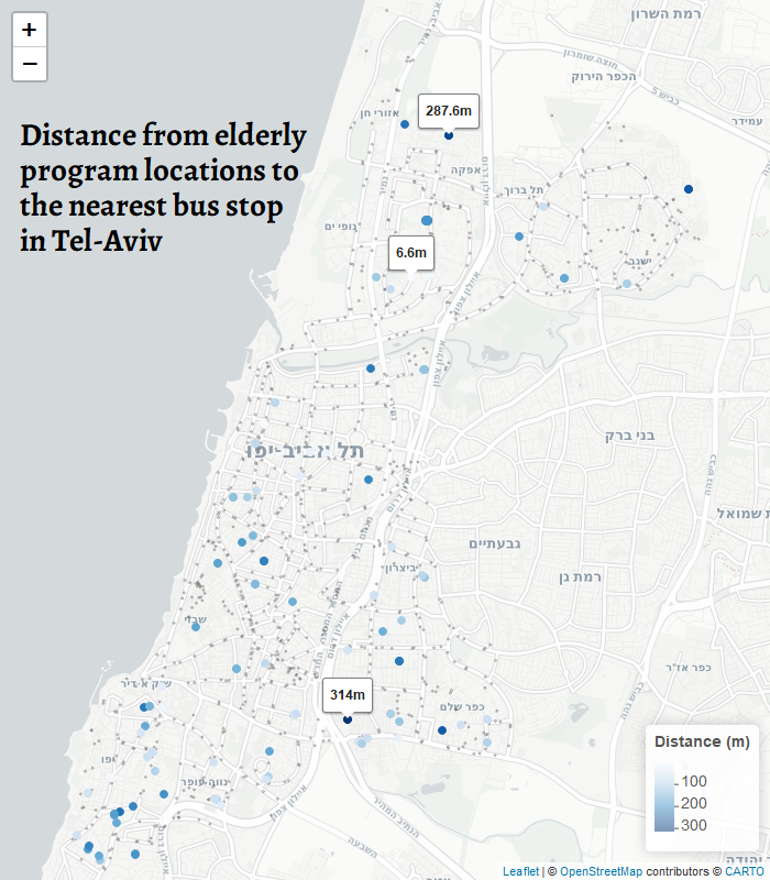 Interactive map showign the distance from each elderly program location to the nearest bus stop