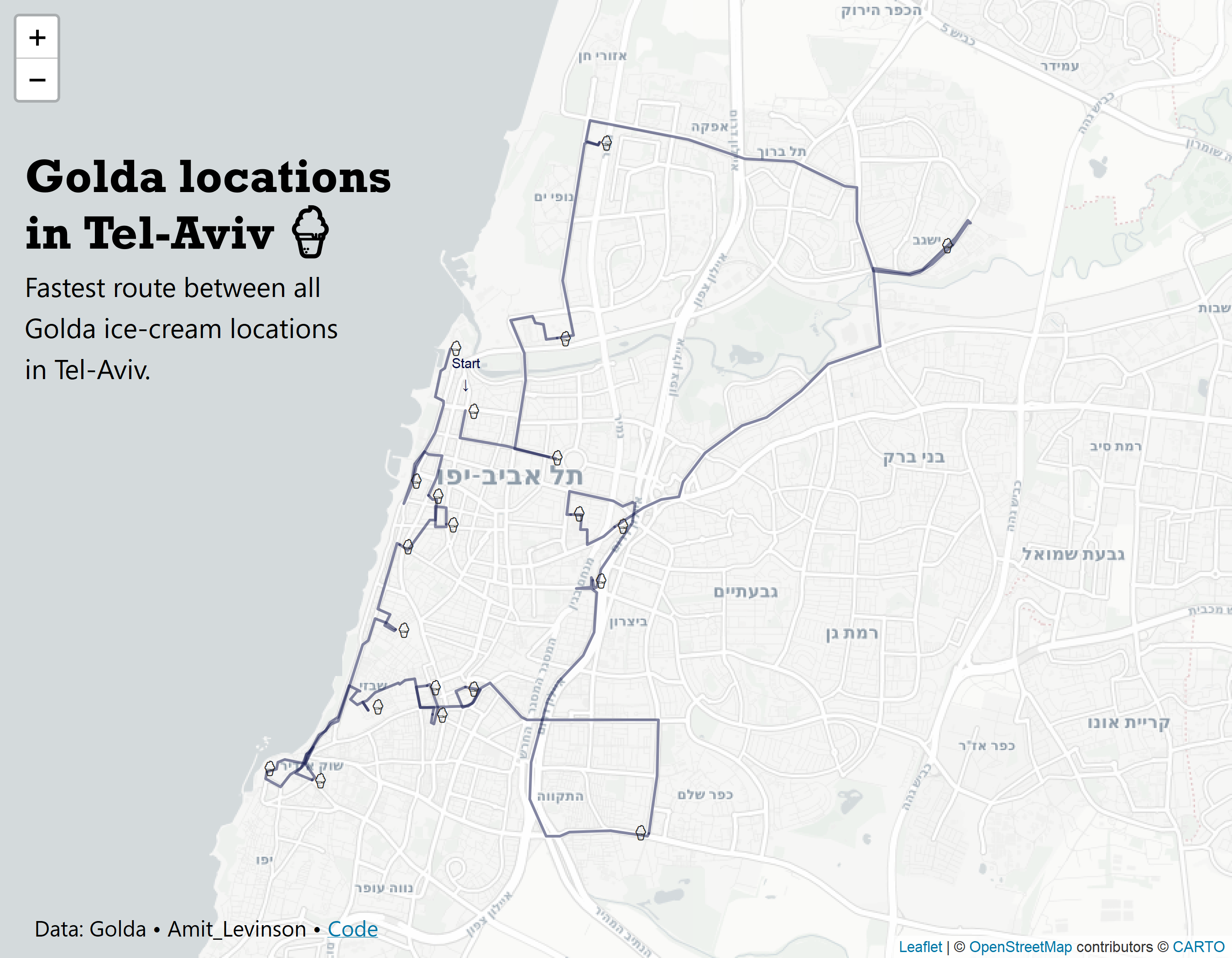 Map of the fastest route between Golda ice-cream locations in Tel-Aviv