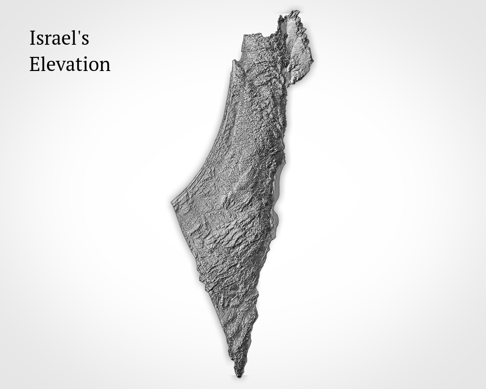 Map of Israel's elevation in black and white