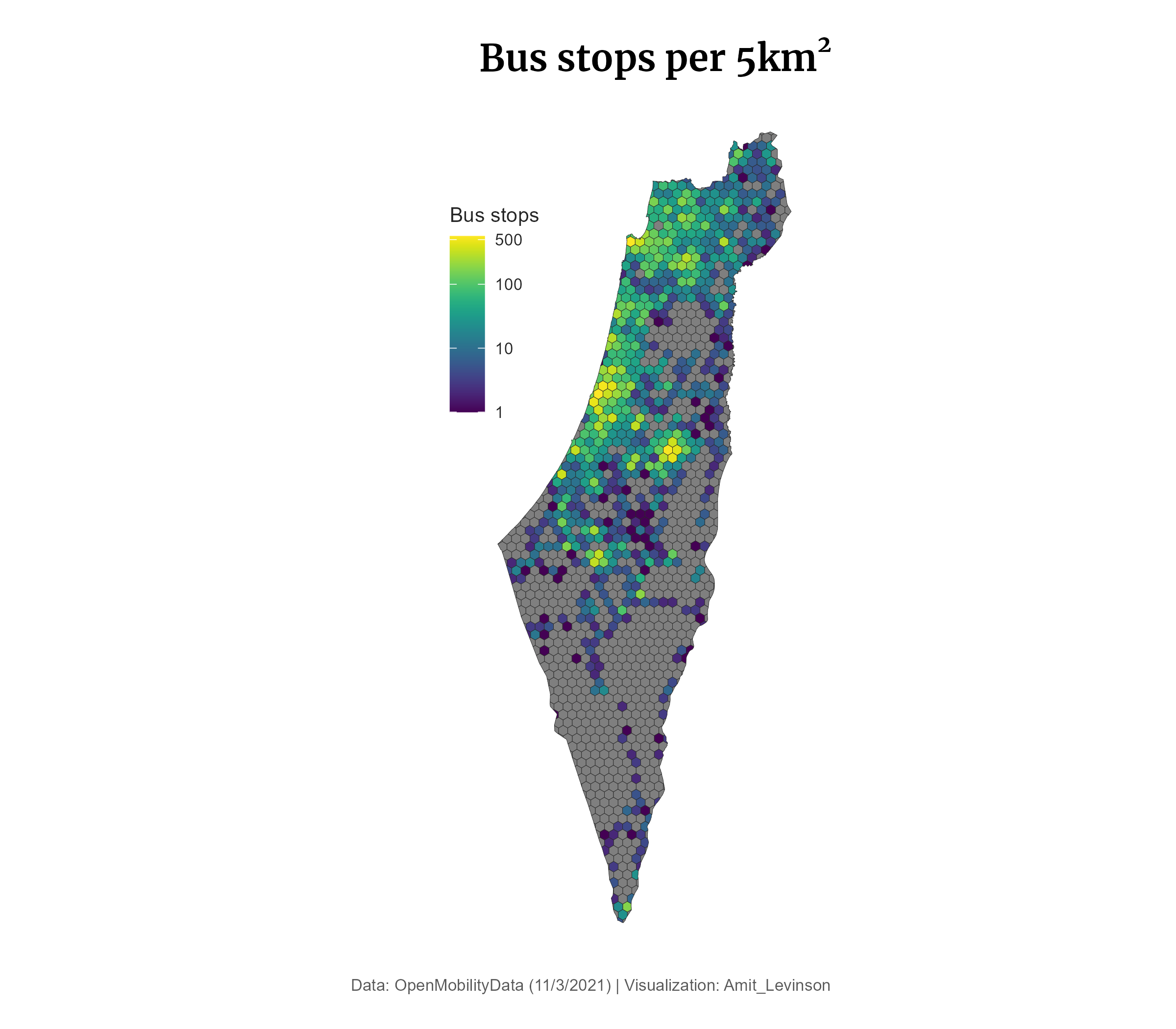 Map of Israel split to to 5km^2 hexagons and the number of bus stops in each hexagon