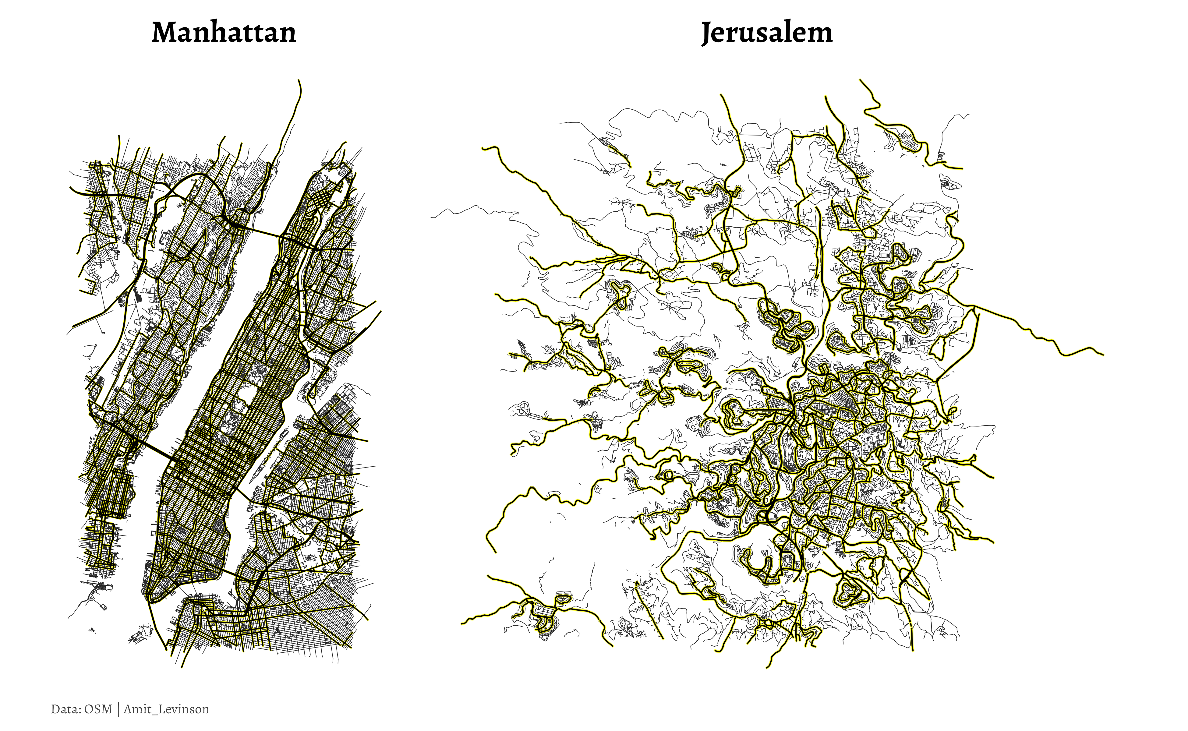 Two street maps of New-York and Jerusalem