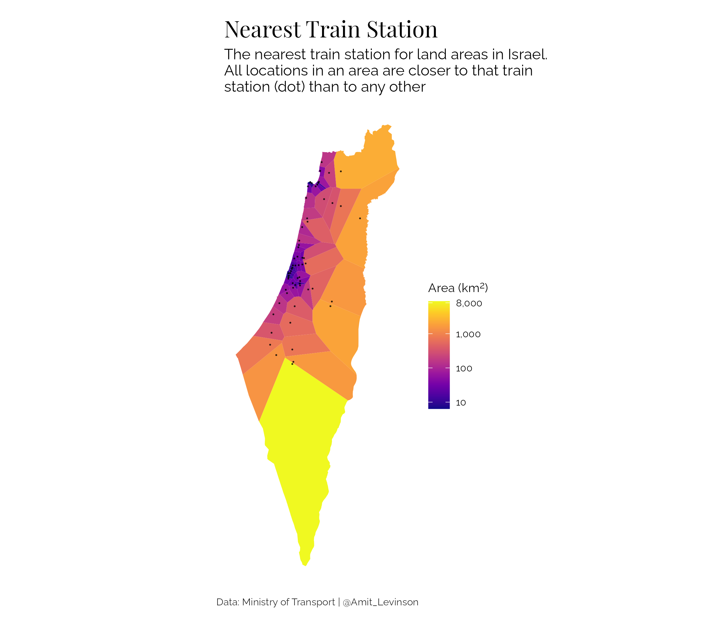 Map of Israel split to voronoi diagrams with the nearest train station as seeds.