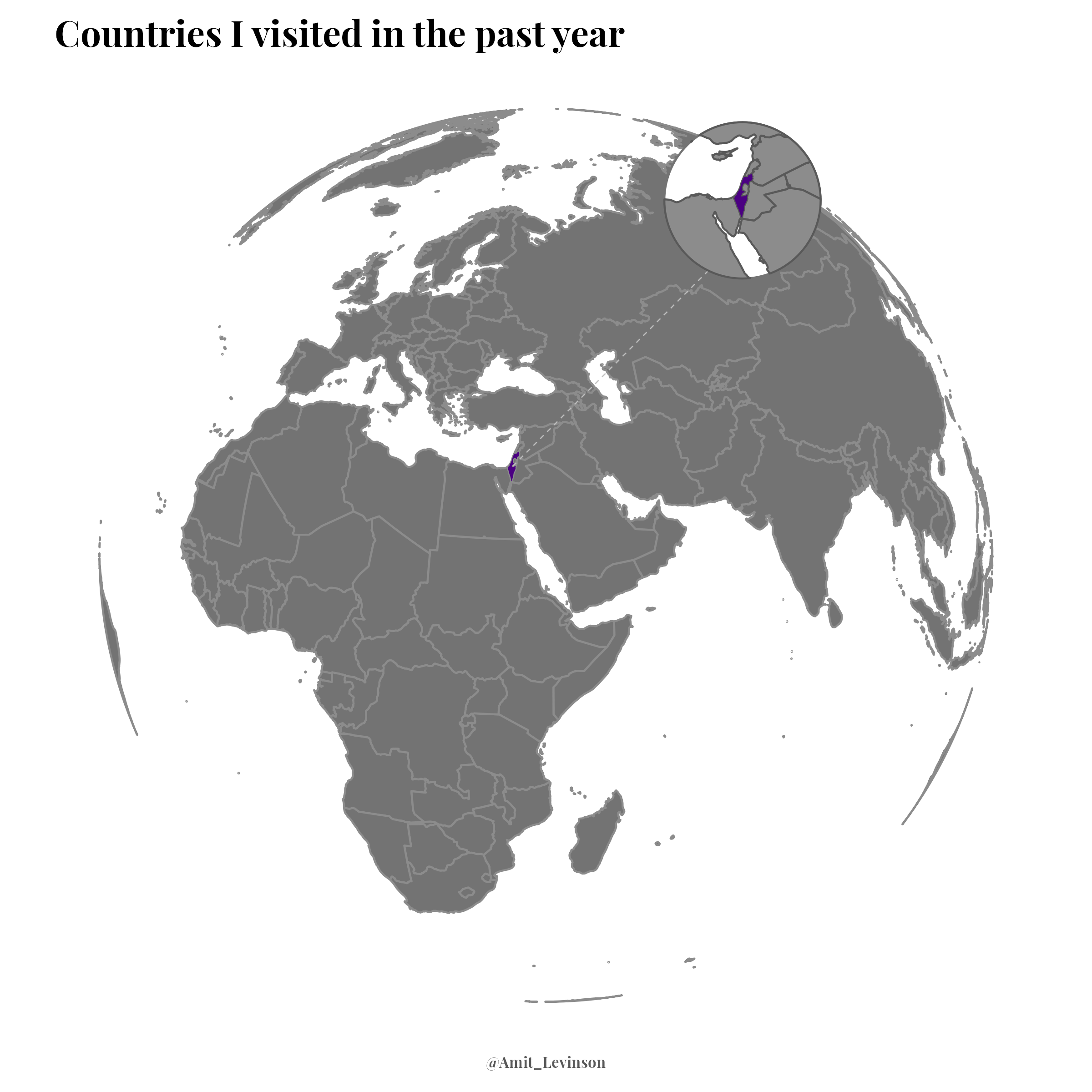 A globe with one country highlighted (Israel) as the country I visited in the past year